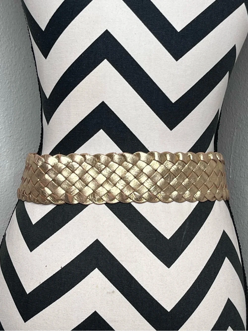 Fossil Metallic Gold Genuine Leather Woven Braided Boho Brass Buckle Belt Sz S